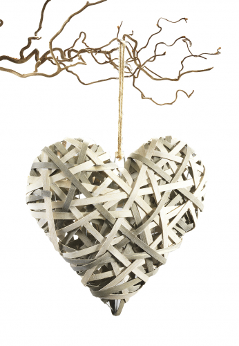 Deko-Herz aus Chipwood grau/wei� auf Metallrahmen mit Aufh�nger aus Jute
