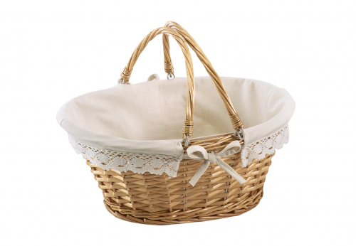 Weidenkorb oval mit Klapphenkeln inklusive textil mit H�kelborte