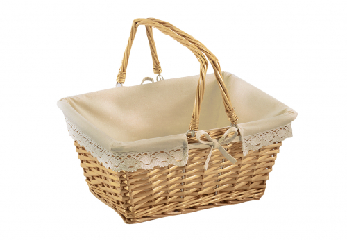 Weidenkorb eckig mit Klapphenkeln inklusive textil mit H�kelborte