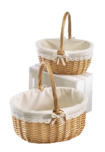 Weidenkorb mit Textil und H�kelborte mit Henkel S/2