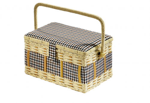 N�hkorb rechteckig blau-braun-wei� kariert naturfarbenes Geflecht