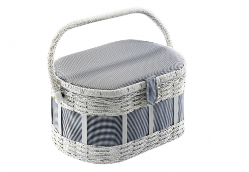 N�hkorb oval blau-wei�  kariert, wei�es Geflecht