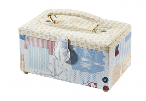 N�hk�stchen rechteckig Textil mit Knopfmuster und Griff aus Stoff