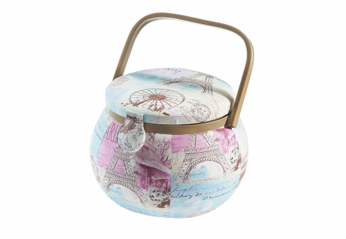 N�hk�stchen rund aus Kunststoff und Textil in den Farben Blau und Rosa