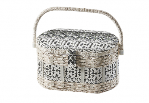 N�hk�stchen oval aus Kunststoff und Textil mit schwarz wei�em Muster