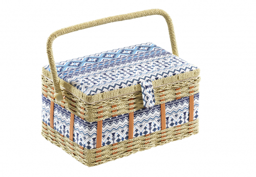 N�hk�stchen eckig aus Kunststoff und Textil mit blau wei�em Muster