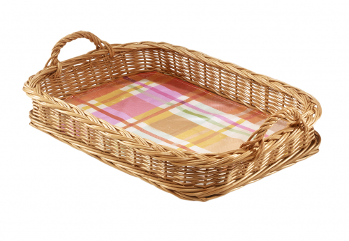 Tablett eckig gek. Weide/Textil mit Folie Karo bunt