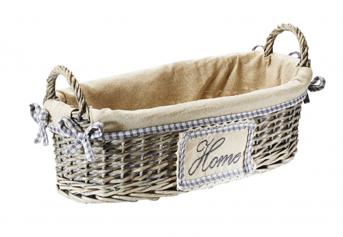Dekoschale oval aus Weide mit Griffen grey-washed mit Textil ausgeschlagen
