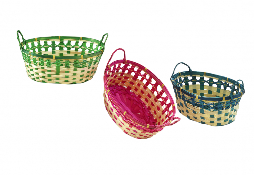 Dekoschalen aus Bambus oval in den Farben Rosa Blau und Gr�n 3-fach sort.