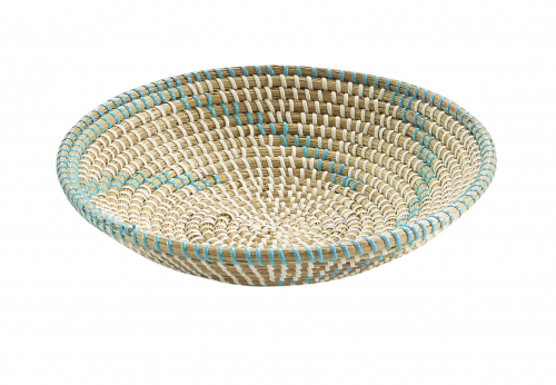 Dekoteller aus Seegras mit wei�em und t�rkisem Kunststoffband umwickelt