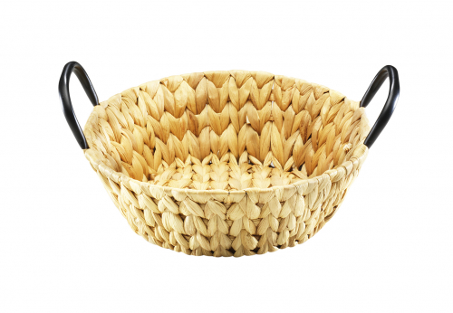 Dekoschale aus Wasserhyazinthe rund mit schwarzen Metallgriffen