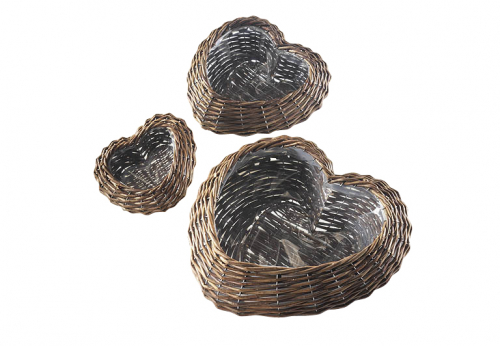 Pflanzschale aus ungesch�lter Weide in herzform mit Folie ausgeschlagen S/3