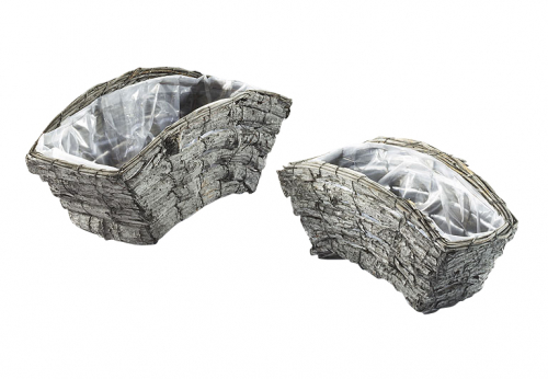 Pflanzschale rechteckig geschwungen grau Rinde mit Folie ausgeschlagen S/2