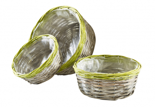 Pflanzgef�� aus Weide grau rund mit gr�nem Rand und Folie ausgeschlagen S/3