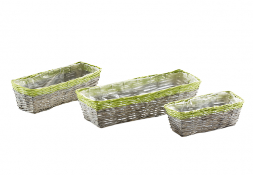 Pflanzgef�� Weide grau rechteckig m. gr�nem Rand Polyrattan m. Folie S/3
