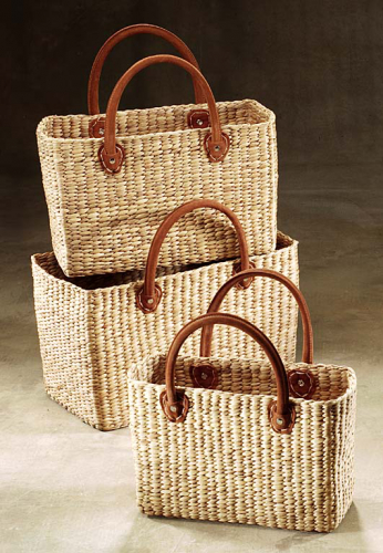 Tasche eckig Wasserhyazinthe Ledergriffe S/3