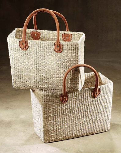 Seegrastasche eckig doppelt geflochtene Lederhenkel S/2