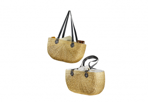 Seegrastasche oval mit Textil und schwarzen Kunstlederhenkeln S/2