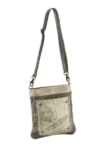 Handtasche MANSION aus bedrucktem Canvas mit Lederhenkeln und Applikationen