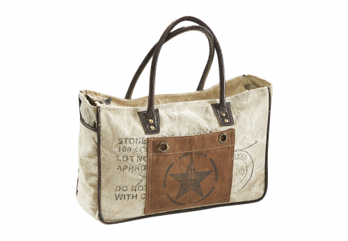 Handtasche STAR aus bedrucktem Canvas mit Lederhenkeln und Applikationen