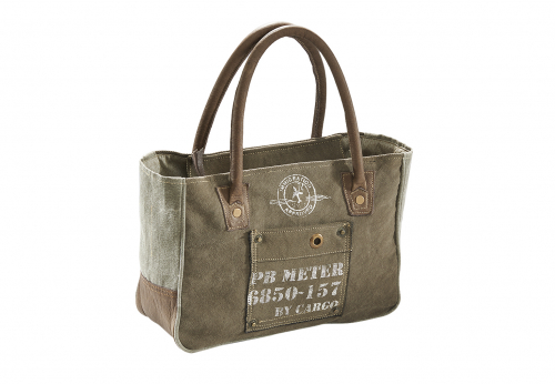 Handtasche CARGO aus bedrucktem Canvas mit Lederhenkeln und Applikationen