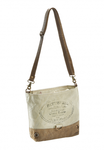 Handtasche PATISSERIE aus bedrucktem Canvas mit Lederhenkeln und Applikationen