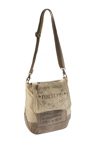 Handtasche FOREST aus bedrucktem Canvas mit Lederhenkeln und Applikationen