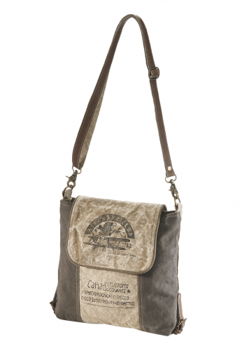 Handtasche CANADA aus bedrucktem Canvas mit Lederhenkeln und Applikationen