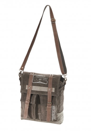 Handtasche 1968 aus bedrucktem Canvas mit Lederhenkeln und Applikationen