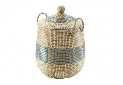 W�schekorb aus Seegras blau und natur mit wei�em Kunststoffband umwickelt