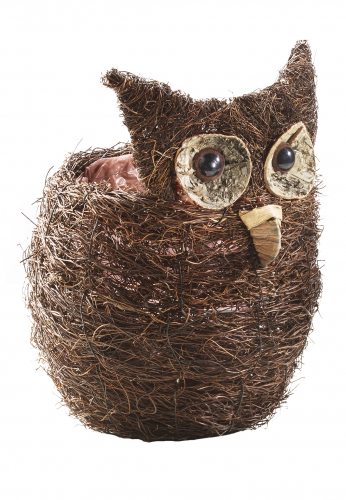 Eulen-Pflanzgef�� aus Rattan braun mit Folie ausgeschlagen 16 cm