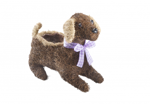 Deko-Hund aus Rattan zum Bepflanzen mit Folie ausgeschlagen klein