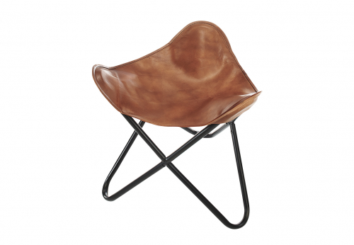 Butterfly Hocker braun aus Leder und Metall klappbar