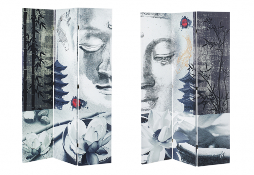 Paravent 3-teilig mit Holzrahmen Canvas�berzug beidseitig bedruckt Motiv Buddha