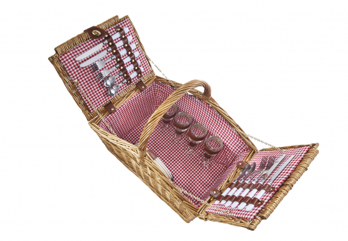Pickinkoffer f�r 4 Personen Weide eckige Form mit rotem Karostoff ausgeschlagen