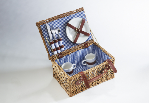 Pickinkoffer f�r 2 Personen best�ckt Weide eckige Form mit blauem Karostoff