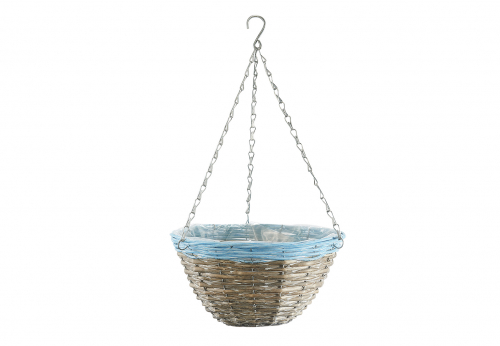 Blumenampel flach rund aus Weide grau Rand Polyrattan blau mit Folie
