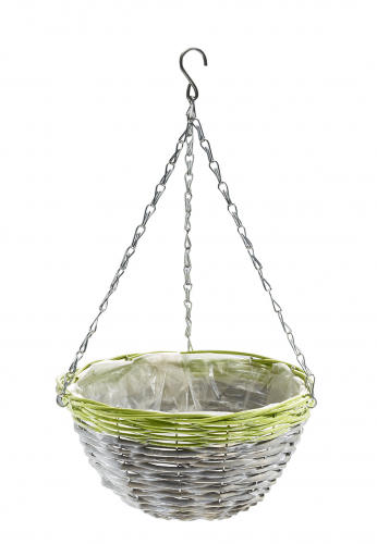 Blumenampel rund aus Weide grau mit gr�nem Rand aus Polyrattan