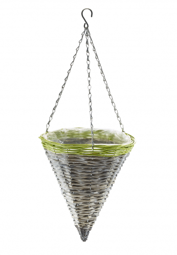 Blumenampel rund aus Weide grau mit gr�nem Rand aus Polyrattan