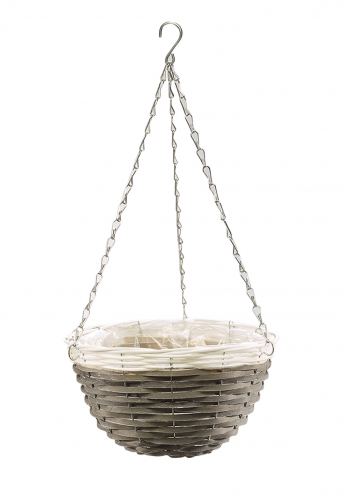 Blumenampel aus Chipwood rund mit wei�em Rand aus Polyrattan
