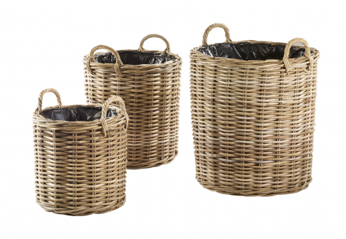 �bertopf Rattan rund mit Griff kubu grey mit Folie ausgeschlagen S/3