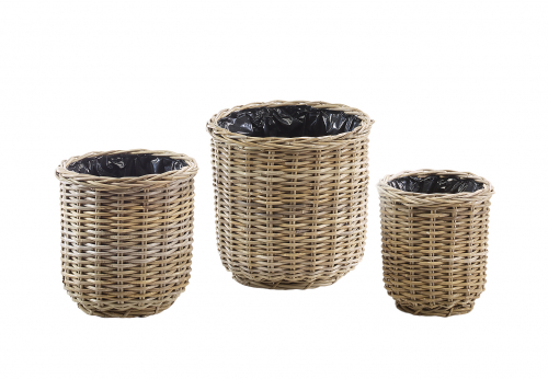 �bertopf Rattan rund kubu grey mit Folie ausgeschlagen S/3