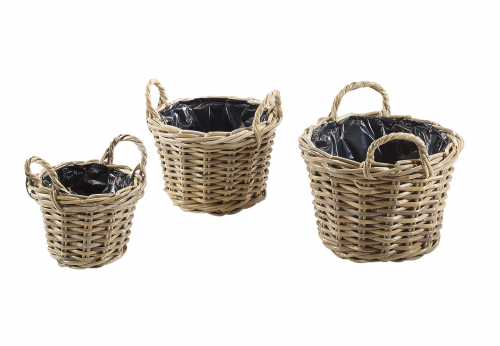 �bertopf rund mit Griff aus Rattan kubu grey mit Folie ausgeschlagen S/3