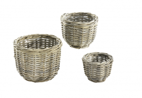 Pflanzkorb �bertopf Pflanzset rund Rattan kubu grau m. Folie ausgeschlagen S/3
