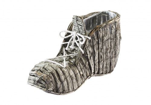 Deko-Schuh bepflanzbar aus grauer Rinde mit Folie ausgeschlagen 35 cm