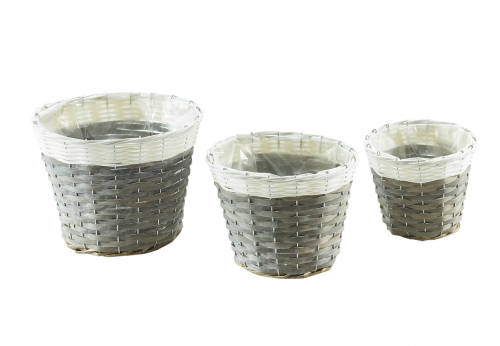 �bertopf aus Chipwood und Polyrattan grau wei� runde Form m. Folie S/3