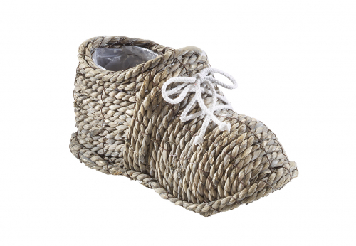 �bertopf aus Wasserhyazinteh in Form eines Schuhs mit Folie gro�