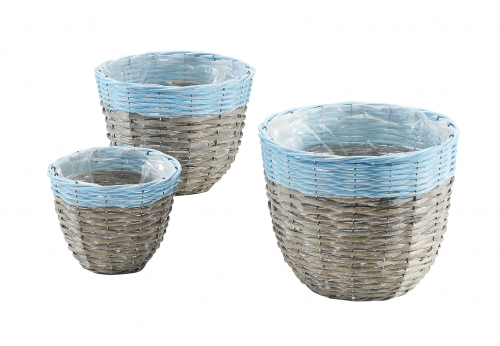 �bertopf aus Weide grau Polyrattan blau rund mit Folie ausgeschlagen S/3