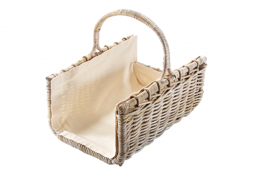 Kaminholzkorb eckig aus grauem Rattan mit abnehmbaren Leinen futter