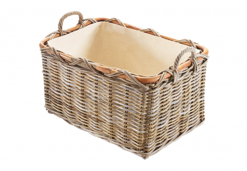 Holzkorb/Kaminkorb rechteckig Kubu grey aus Rattan mit Griffen und Leinen